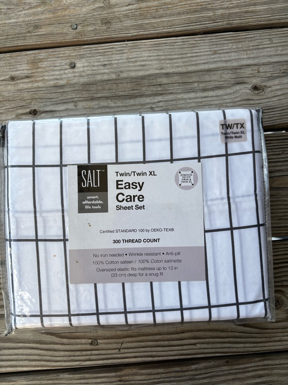 T.J.Maxx Salt Easy Care Sheet Set in White and Black Grid